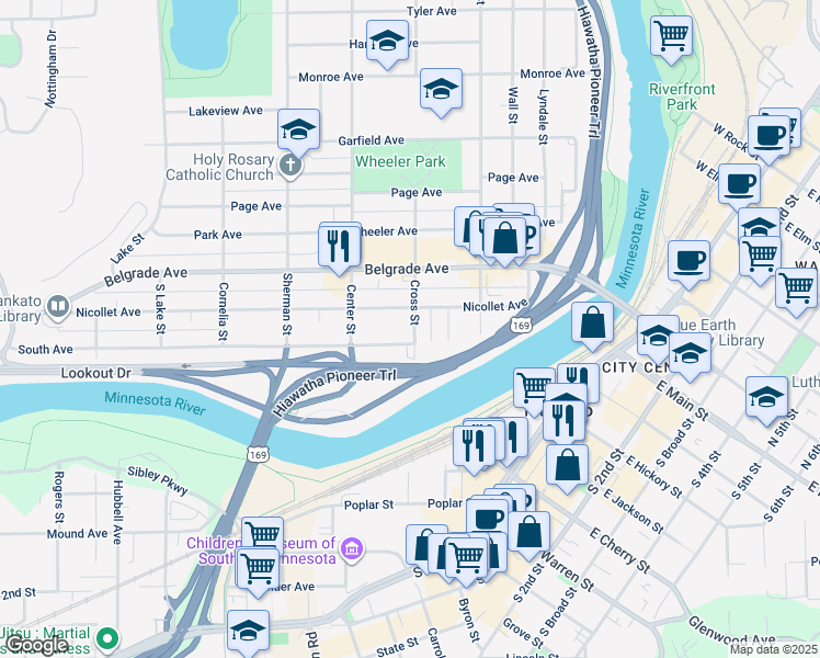 map of restaurants, bars, coffee shops, grocery stores, and more near 347 Nicollet Avenue in North Mankato