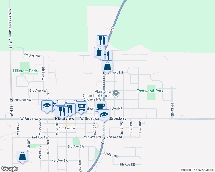 map of restaurants, bars, coffee shops, grocery stores, and more near 50 4th Avenue Northeast in Plainview