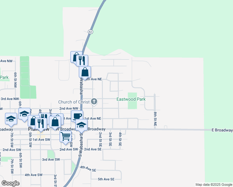 map of restaurants, bars, coffee shops, grocery stores, and more near 300 4th Avenue Northeast in Plainview