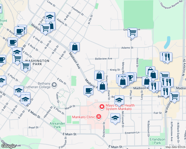 map of restaurants, bars, coffee shops, grocery stores, and more near 120 Knollcrest Drive in Mankato