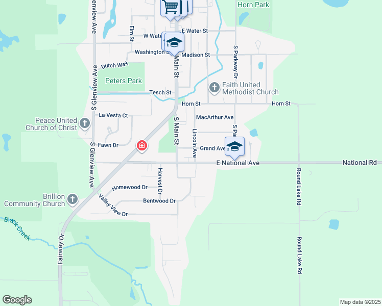 map of restaurants, bars, coffee shops, grocery stores, and more near 114 Grand Avenue in Brillion