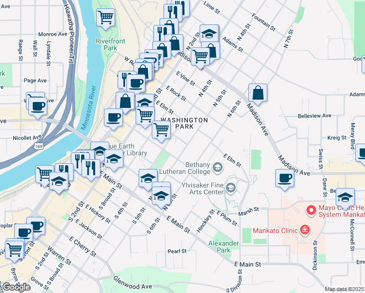 map of restaurants, bars, coffee shops, grocery stores, and more near 414 East Spring Street in Mankato