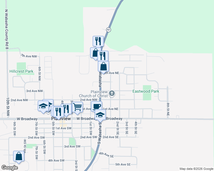 map of restaurants, bars, coffee shops, grocery stores, and more near 330 1st Street Northeast in Plainview