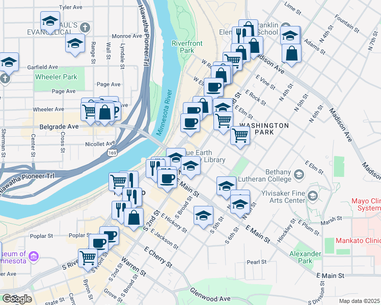 map of restaurants, bars, coffee shops, grocery stores, and more near 301 North Riverfront Drive in Mankato