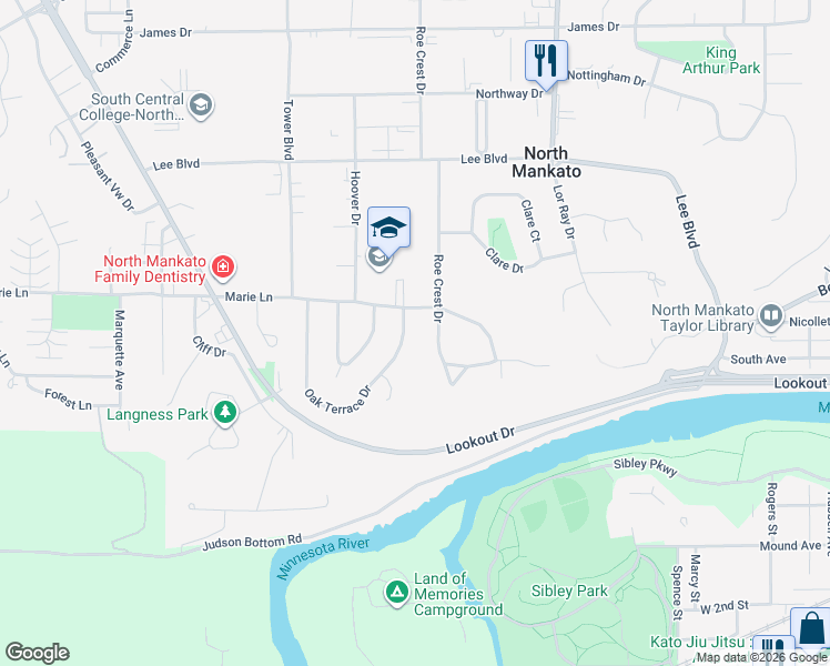 map of restaurants, bars, coffee shops, grocery stores, and more near 1001 Oak Terrace Drive in North Mankato