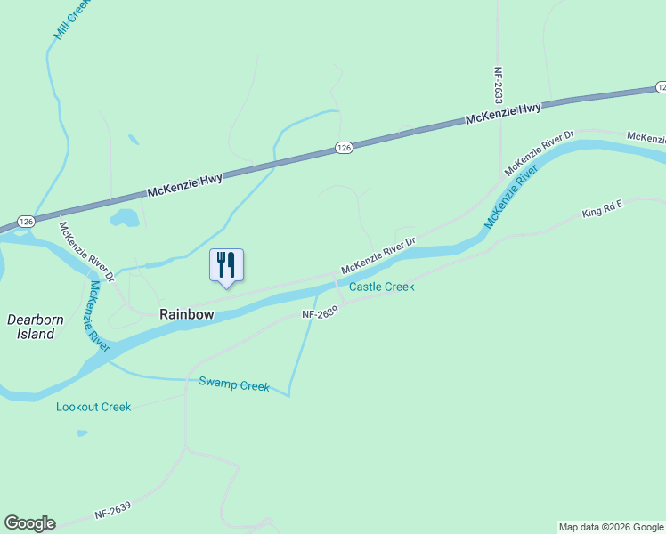 map of restaurants, bars, coffee shops, grocery stores, and more near 54655 McKenzie River Drive in Lane County