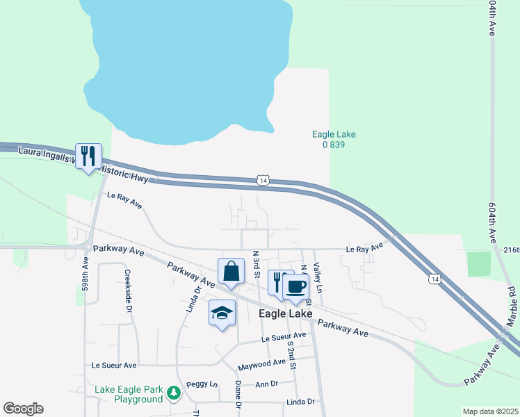 map of restaurants, bars, coffee shops, grocery stores, and more near 218 Lakeview Drive in Eagle Lake
