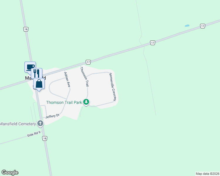 map of restaurants, bars, coffee shops, grocery stores, and more near 23 Somerville Crescent in Mansfield