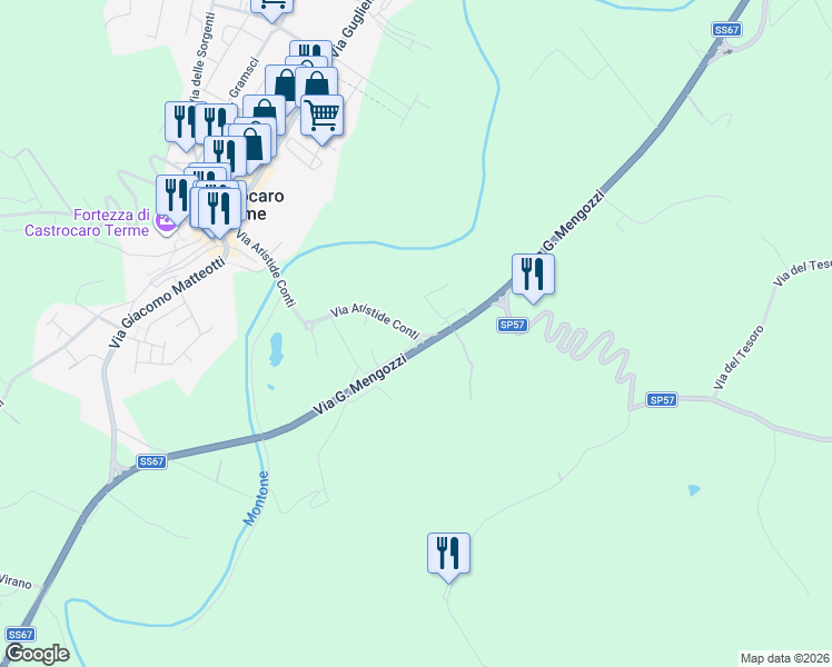 map of restaurants, bars, coffee shops, grocery stores, and more near 36 Via Nicolò Frassineti in Castrocaro Terme