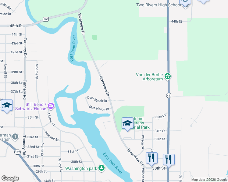 map of restaurants, bars, coffee shops, grocery stores, and more near 3659 Riverview Drive in Two Rivers