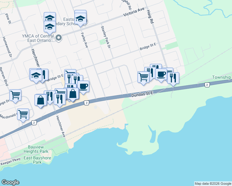 map of restaurants, bars, coffee shops, grocery stores, and more near 544 Dundas Street East in Belleville