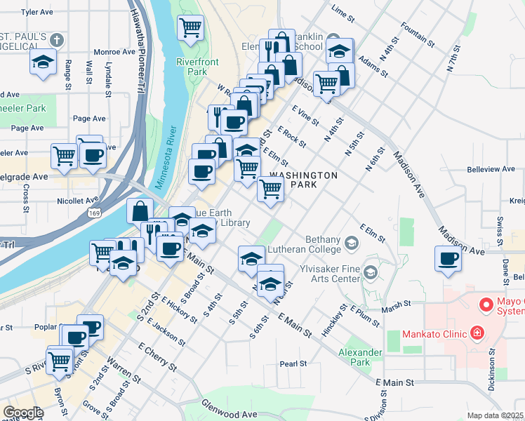 map of restaurants, bars, coffee shops, grocery stores, and more near East Washington Street in Mankato