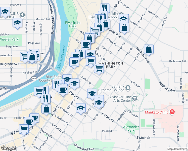 map of restaurants, bars, coffee shops, grocery stores, and more near 330 North Broad Street in Mankato