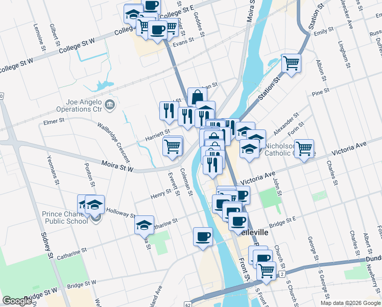 map of restaurants, bars, coffee shops, grocery stores, and more near 18 Moira Street West in Belleville