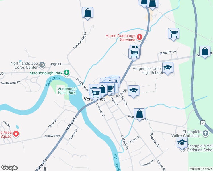 map of restaurants, bars, coffee shops, grocery stores, and more near 34 North Street in Vergennes