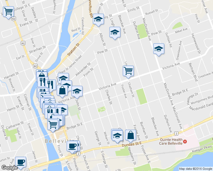 map of restaurants, bars, coffee shops, grocery stores, and more near 140 Victoria Avenue in Belleville