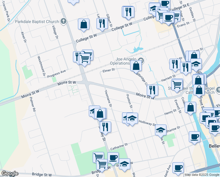 map of restaurants, bars, coffee shops, grocery stores, and more near 191 Moira Street West in Belleville