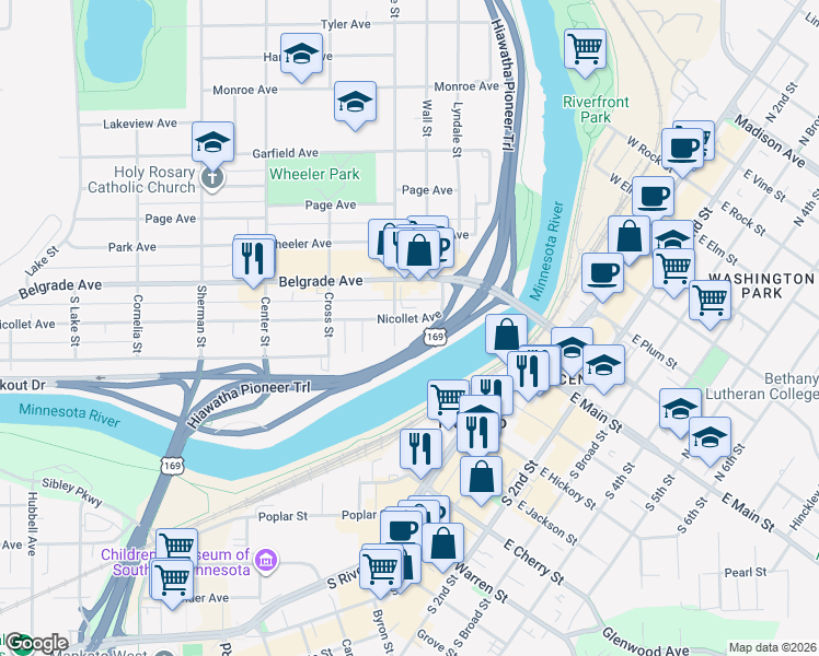 map of restaurants, bars, coffee shops, grocery stores, and more near 225 Nicollet Avenue in North Mankato