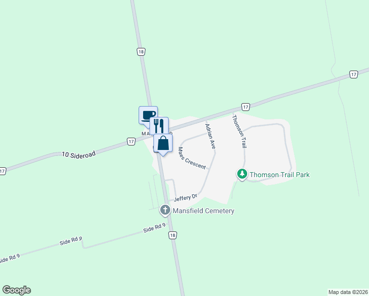 map of restaurants, bars, coffee shops, grocery stores, and more near 11 Maes Crescent in Mulmur