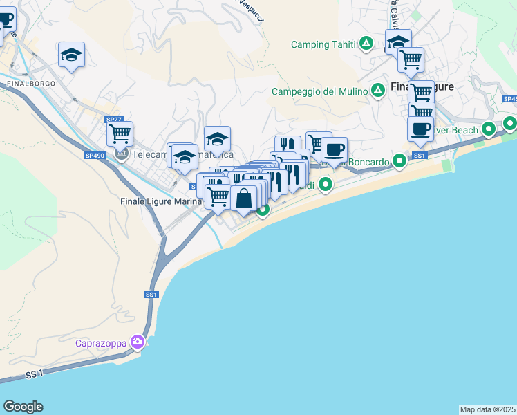 map of restaurants, bars, coffee shops, grocery stores, and more near 30 Via Tommaso Pertica in Finale Ligure