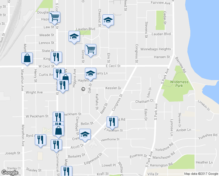 map of restaurants, bars, coffee shops, grocery stores, and more near 624 Kessler Drive in Neenah