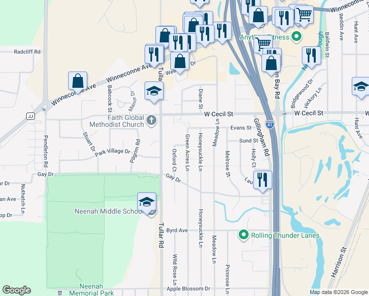map of restaurants, bars, coffee shops, grocery stores, and more near 1042 Green Acres Lane in Neenah
