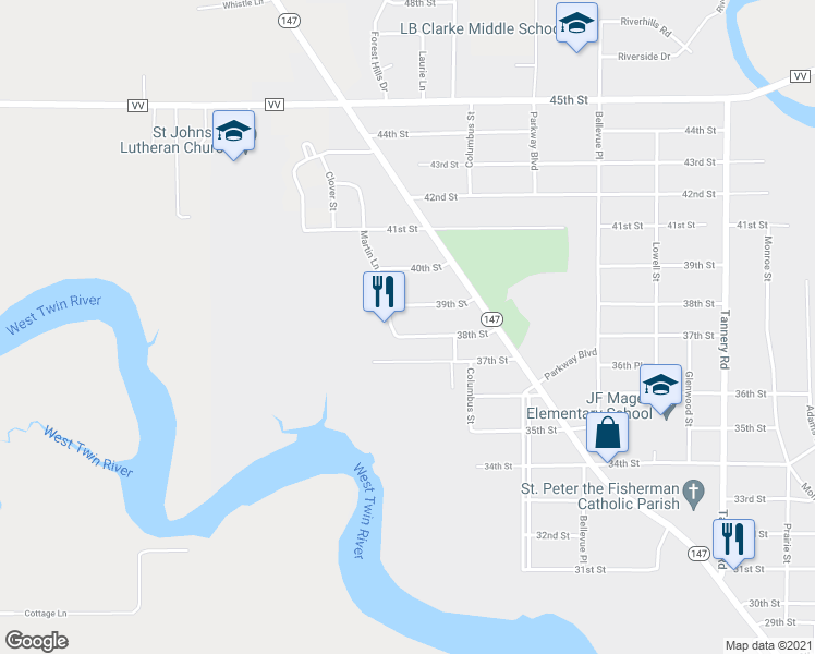 map of restaurants, bars, coffee shops, grocery stores, and more near 2934 38th Street in Two Rivers