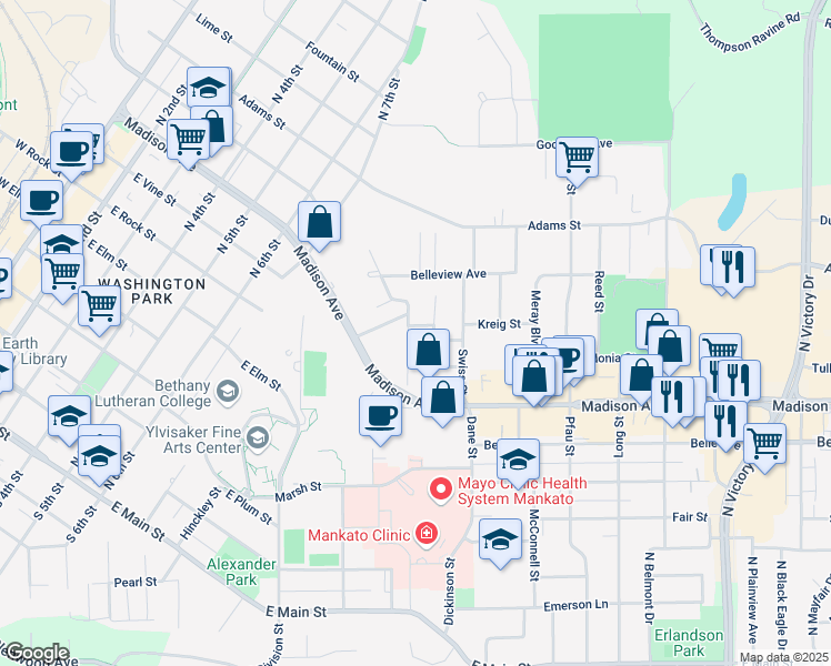 map of restaurants, bars, coffee shops, grocery stores, and more near 201 Sylvan Way in Mankato