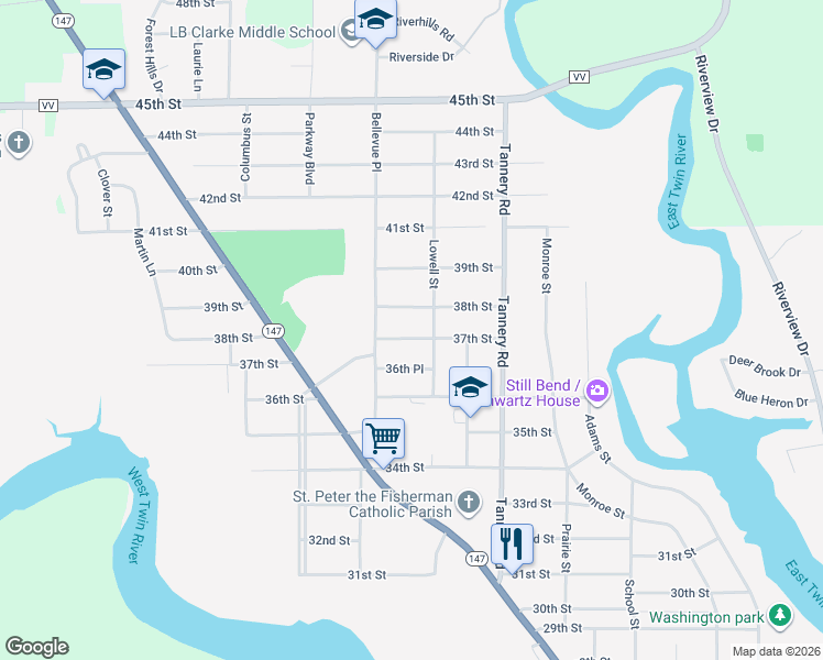 map of restaurants, bars, coffee shops, grocery stores, and more near 2514 37th Street in Two Rivers