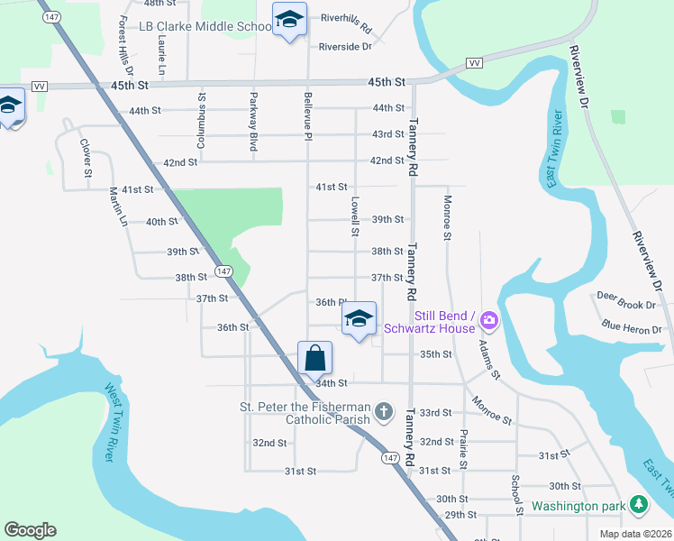 map of restaurants, bars, coffee shops, grocery stores, and more near 2514 37th Street in Two Rivers