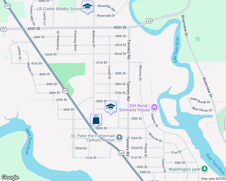 map of restaurants, bars, coffee shops, grocery stores, and more near 2336 37th Street in Two Rivers