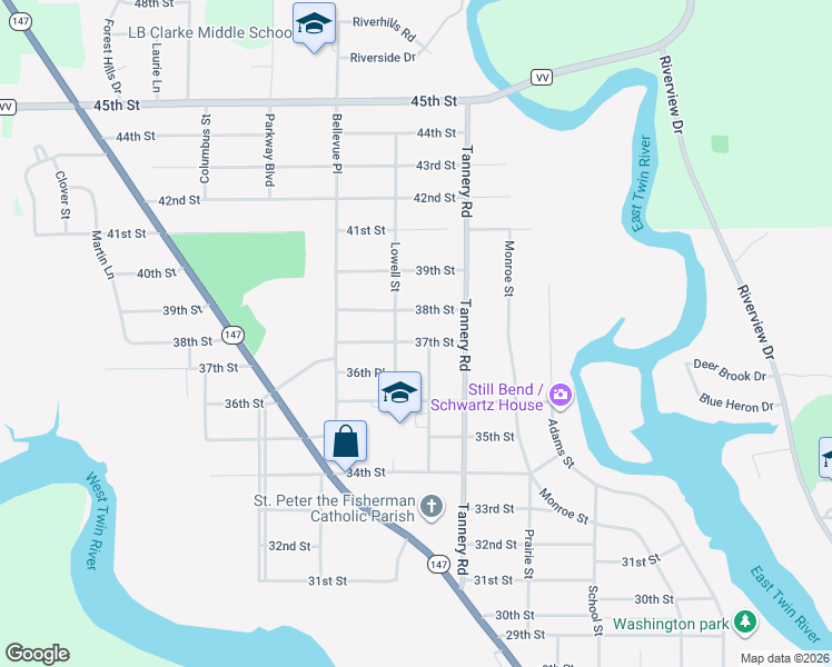 map of restaurants, bars, coffee shops, grocery stores, and more near 2336 37th Street in Two Rivers