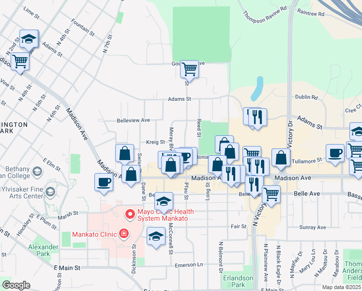 map of restaurants, bars, coffee shops, grocery stores, and more near 601 Pfau Street in Mankato