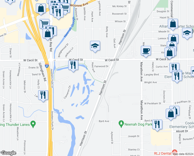 map of restaurants, bars, coffee shops, grocery stores, and more near 1033 Hunt Avenue in Neenah
