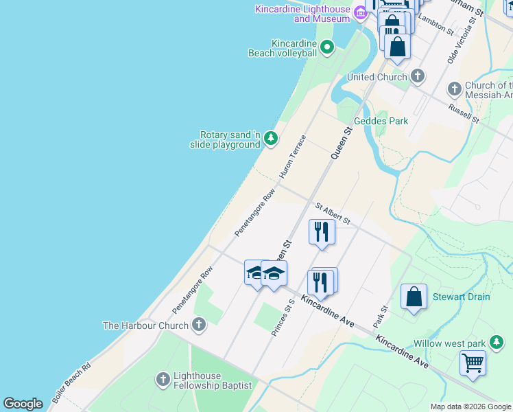 map of restaurants, bars, coffee shops, grocery stores, and more near 422 Penetangore Row in Kincardine