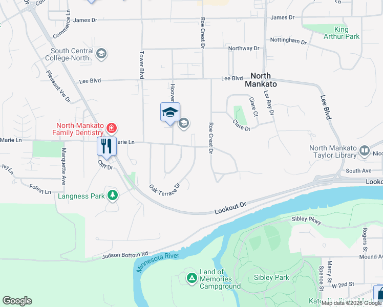 map of restaurants, bars, coffee shops, grocery stores, and more near 1001 Oak Terrace Drive in North Mankato