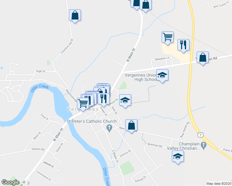map of restaurants, bars, coffee shops, grocery stores, and more near 8 School St in Vergennes