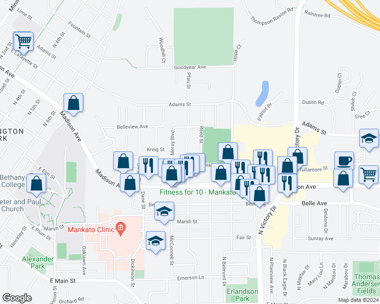 map of restaurants, bars, coffee shops, grocery stores, and more near 601 Pfau Street in Mankato