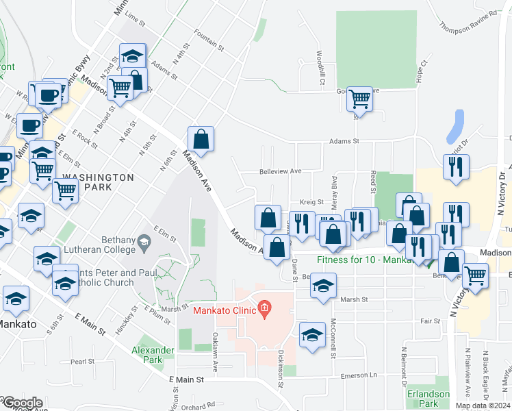 map of restaurants, bars, coffee shops, grocery stores, and more near 201 Sylvan Way in Mankato
