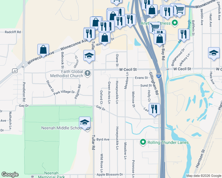 map of restaurants, bars, coffee shops, grocery stores, and more near 1042 Green Acres Lane in Neenah