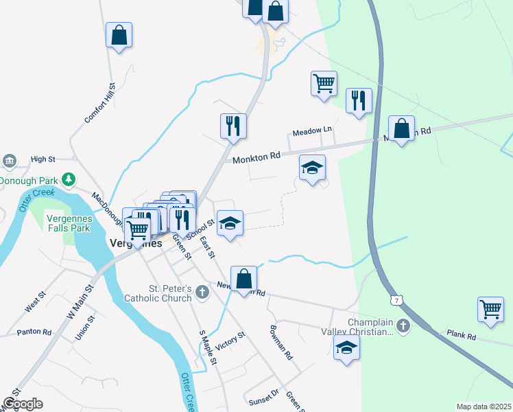 map of restaurants, bars, coffee shops, grocery stores, and more near 31 Mountain View Lane in Vergennes