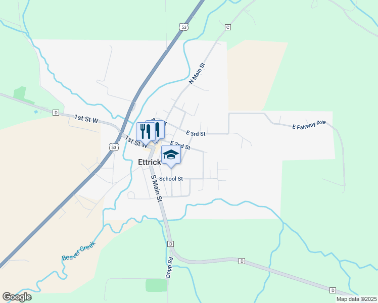 map of restaurants, bars, coffee shops, grocery stores, and more near 15633 East 2nd Street in Ettrick