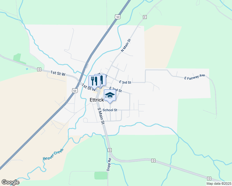 map of restaurants, bars, coffee shops, grocery stores, and more near 15633 East 2nd Street in Ettrick