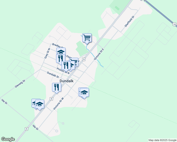 map of restaurants, bars, coffee shops, grocery stores, and more near 191 Victoria Street East in Grey County