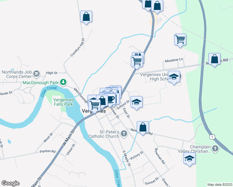 map of restaurants, bars, coffee shops, grocery stores, and more near 15 North Street in Vergennes