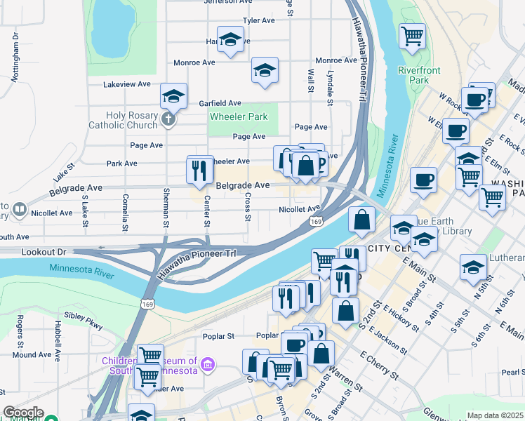 map of restaurants, bars, coffee shops, grocery stores, and more near 347 Nicollet Avenue in North Mankato