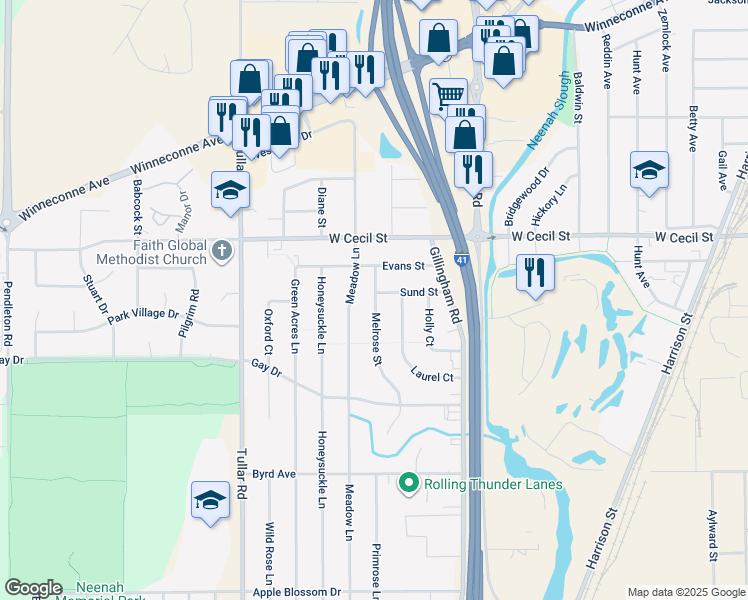 map of restaurants, bars, coffee shops, grocery stores, and more near 1039 Melrose Street in Neenah
