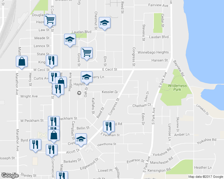map of restaurants, bars, coffee shops, grocery stores, and more near 624 Kessler Drive in Neenah