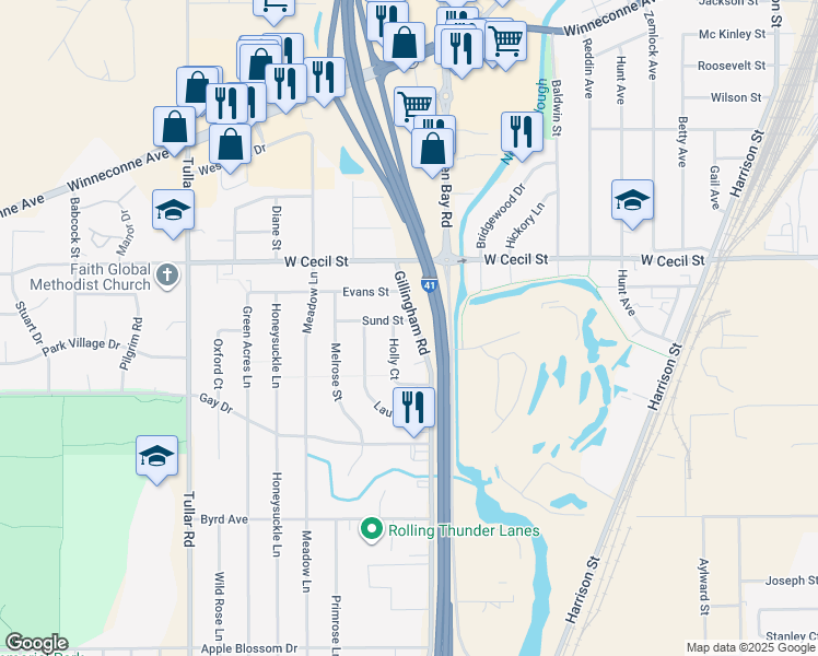 map of restaurants, bars, coffee shops, grocery stores, and more near 1045 Gillingham Road in Neenah