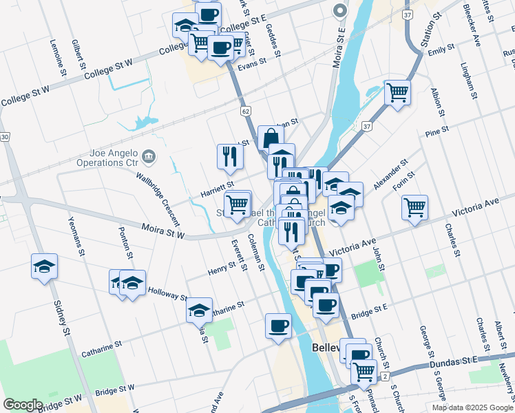 map of restaurants, bars, coffee shops, grocery stores, and more near 18 Moira Street West in Belleville